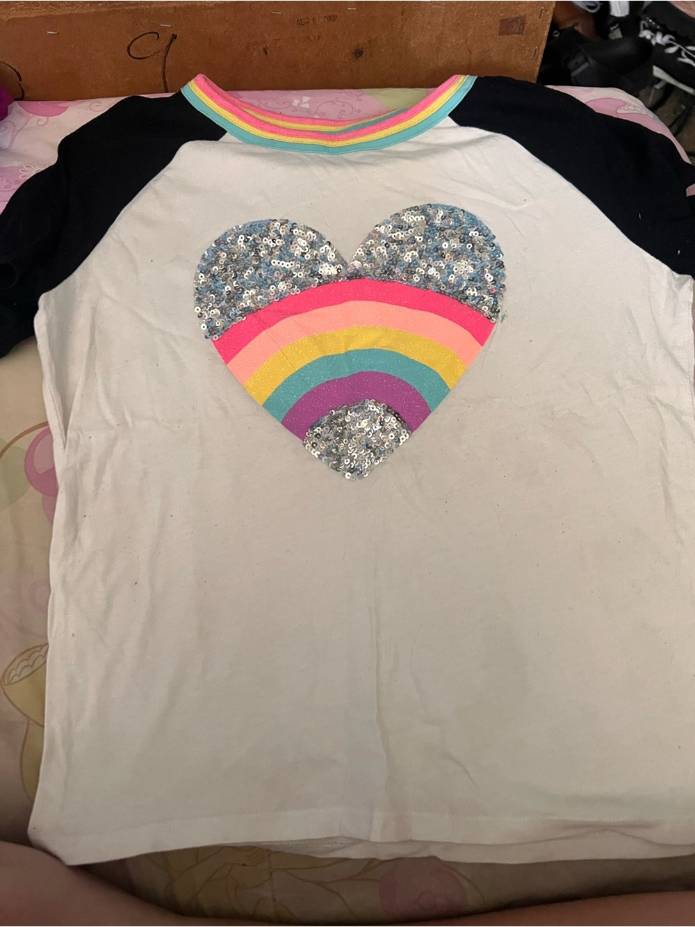 Kids Rainbow Heart Sequin Raglan Shirt - White with Black Sleeves